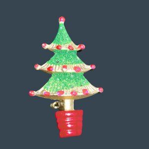Green Glitter Christmas Tree Brooch Asian Pagoda Pin Vintage 1950 Holiday